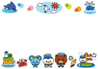 海,夏,フレーム,動物,水族館,子供,幼稚園,保育園,8月,ヨット,ペンギン,ネズミ,クマ,魚,イルカ,クジラ,カモメ,カニ,乗り物,保育,幼児,メッセージ,飾り枠,お知らせ,枠,メモ,船,サマー,制服,水兵帽,水兵帽子,真夏,船員,セーラー,帽子,ボート,かわいい,セーラー服,水兵,珊瑚,浮き輪,灯台,貝,ワカメ,海藻,太陽,イラスト,セット