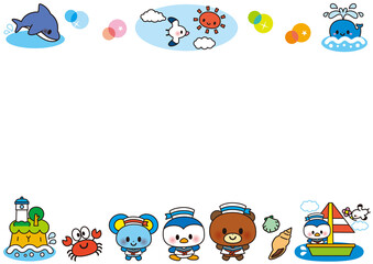 海,夏,フレーム,動物,水族館,子供,幼稚園,保育園,8月,ヨット,ペンギン,ネズミ,クマ,魚,イルカ,クジラ,カモメ,カニ,乗り物,保育,幼児,メッセージ,飾り枠,お知らせ,枠,メモ,船,サマー,制服,水兵帽,水兵帽子,真夏,船員,セーラー,帽子,ボート,かわいい,セーラー服,水兵,珊瑚,浮き輪,灯台,貝,ワカメ,海藻,太陽,イラスト,セット