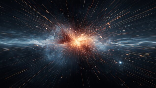 A massive celestial explosion bursts with fiery light and energy, sending sparks through a cosmic nebula.