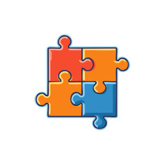 Interlocking Puzzle Pieces Forming a Square in Orange, Red, and Blue