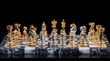 Gold and Silver Chess Set on Marble Board Against Black Background