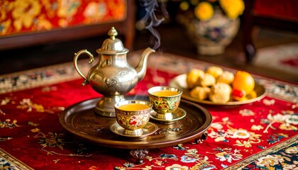 Fototapeta premium A warm, inviting scene of steaming tea served on a richly patterned tray.