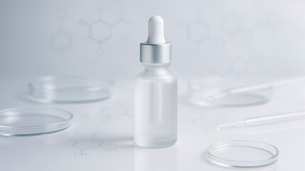 Clear glass dropper bottle with silver cap is centered on a white surface surrounded by petri dishes and pipettes, illustrating modern cosmetic or pharmaceutical design concept