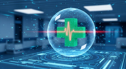 Digital health cross with heartbeat inside a tech bubble design