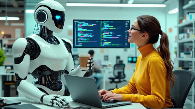 A skilled female programmer and her AI assistant work together to debug code, highlighting the future of human-robot collaboration, teamwork, and innovation in the tech industry.