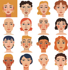 A diverse collection of stylized vector human faces. This modern set of portraits features various skin tones, hairstyles, and facial features, perfect for avatar and user profile designs.