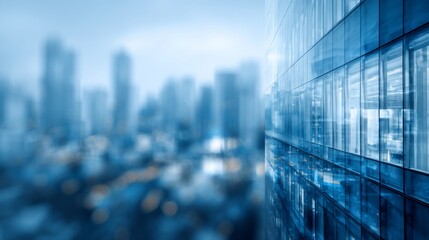 Glass building side view against blurred city skyline in cool blue hues