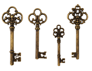 Set of Vintage Bronze Skeleton Keys, isolated on transparent background
