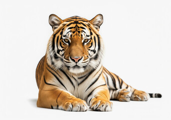 Fototapeta premium A tiger is laying down on a white background, Tiger White background Isolate full body.