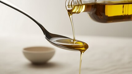 Olive oil pouring from bottle into spoon liquid