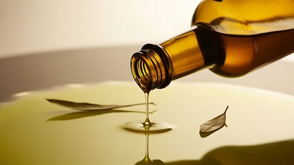Olive oil pouring from bottle with leaves liquid