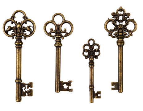 Set of Vintage Bronze Skeleton Keys, isolated on transparent background