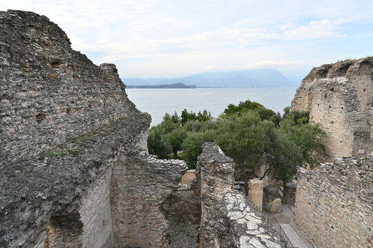 Ruins In The Grottoes Of Catullus At Lake Garda In Sirmione Italy On A Wonderful Sunny Autumn Day With A Few Clouds In The Sky