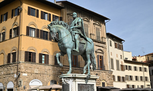 Equestrian Statue Of Cosimo I At Piazza Della Signoria In Florence Italy On A Wonderful Sunny Autumn Day With A Very Few Clouds In The Sky