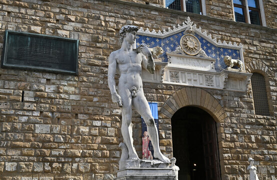 David Statue In Front Of The Museum Galleria D'Accademia In Florence Italy On A Wonderful Sunny Autumn Day