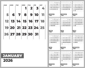 A stylish, minimalist and versatile 2026 English calendar design featuring a January highlight page and a full 12-month grid, ideal for both digital and print applications