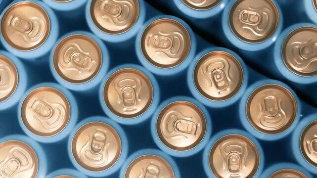 Aluminum Beer Cans Top Down View with Pull Tabs | Blue Canned Beverages Arranged in Rows at Retail Store | Commercial Alcoholic Drink Storage Overhead Perspective
