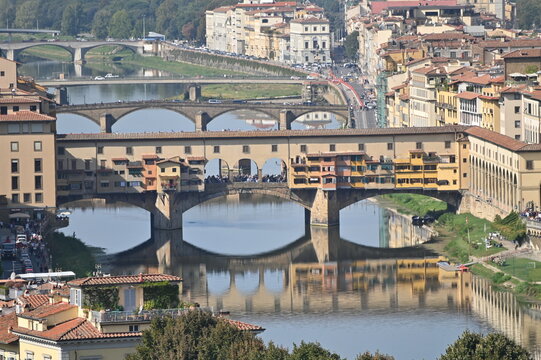 View From Piazzale Michelangelo To The Famous Bridge Ponte Vecchio Florence Italy On A Wonderful Sunny Autumn Day