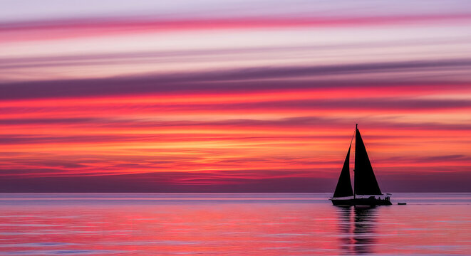 
The silhouette of the sailboat meets the sky filled with the vivid colors of sunset and the peaceful reflection of the water.