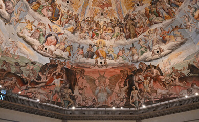 Balustrade With Ceiling Painting In The Dome Of The Cathedral Of Florence Italy
