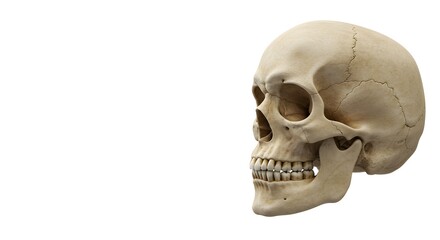 Obraz premium Anatomically correct human skull model shown in profile view, isolated on a clean white background with copy space for text