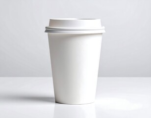 Blank white coffee cup on white surface