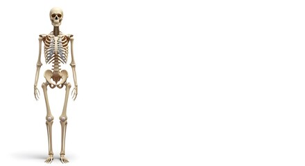 Full human skeleton model standing in an anterior view, isolated on a clean white background. Detailed anatomical illustration for medical, scientific, and educational purposes