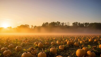 Pumpkin patch at sunrise with mist and autumn colors   - Powered by Adobe