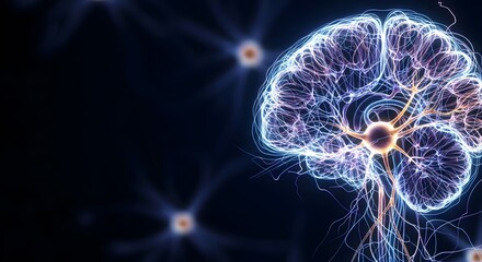 Fototapeta premium Futuristic visualization of the human brain's neural network, with glowing neurons and synapses representing intelligence, memory, and cognitive function
