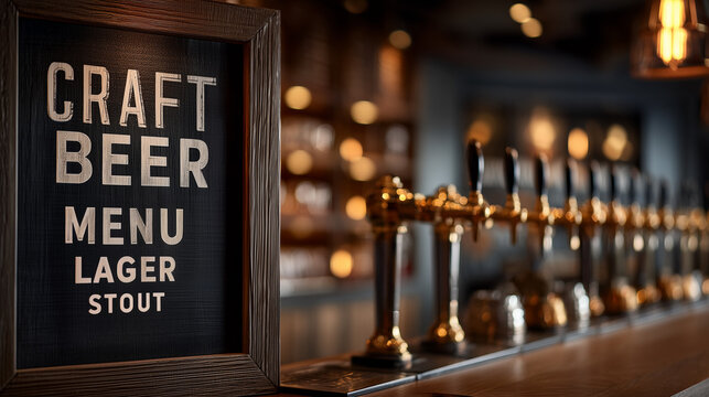 Craft beer taps with menu displaying lager and stout selections  