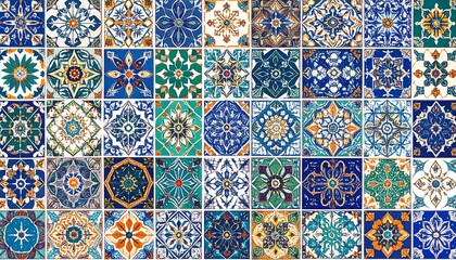 Intricate Geometric Patterns of Colorful Ceramic Tiles in a Repeating Mosaic.