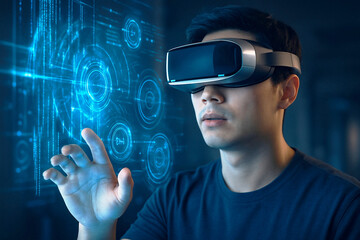 Man wearing VR headset interacting with futuristic blue holographic interface, technology concept