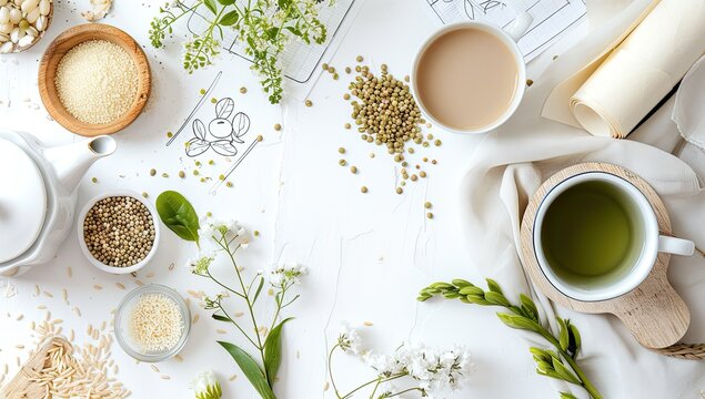 Flatlay Herbal tea, grains, flowers, design sketches, white background.  Recipe development