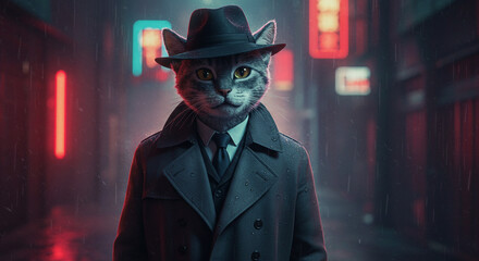 A cat detective wearing a trench coat and fedora stands in a neon lit rainy city street