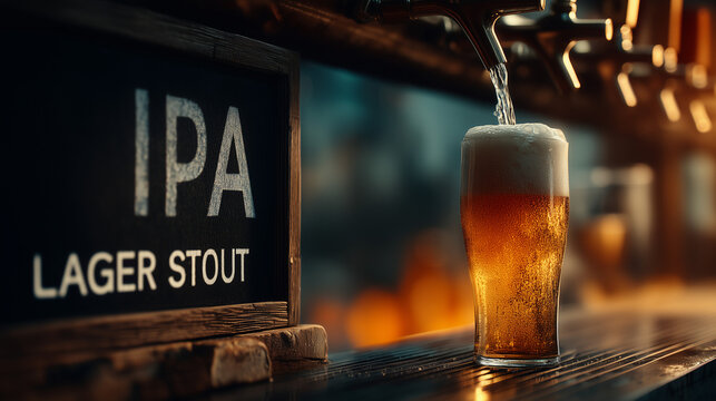 Beer being poured into glass at bar with IPA chalkboard menu