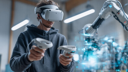 Young man uses a white VR headset and controllers in an industrial setting for product presentation or digital branding.