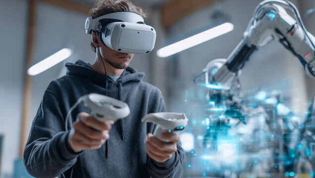 Young man uses a white VR headset and controllers in an industrial setting for product presentation or digital branding.