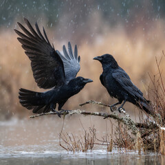 Fototapeta premium Two black ravens interacting on branch near water in rain 