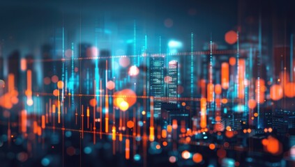 Night city skyline, data streams, financial market trends, technology, future