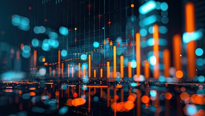 Financial data visualization, city background, market trends analysis, digital illustration, stock use