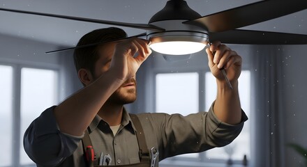 Man installing a ceiling fan with light fixture in a room with natural light coming through windows