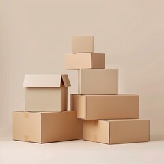 Obraz premium Cardboard boxes stacked, studio shot, beige background, packaging concept