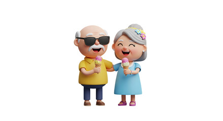 Adorable elderly couple smiling and enjoying ice cream cones together, a heartwarming image of love and happiness perfect for family content