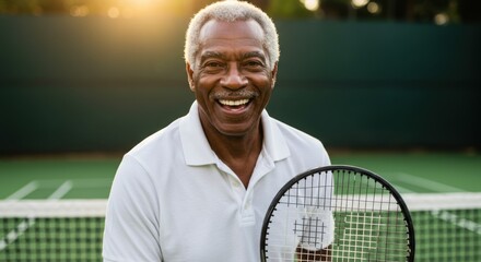 Joyful African American Senior Man Smiling on a Tennis Court at Sunset