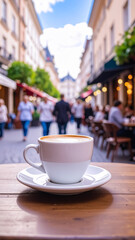 Vertical Composition of a Coffee Cup in a Charming European-Style Street Café with Soft City Atmosphere