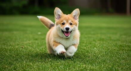 Adorable Corgi Puppy Running Joyfully on Green Grass
