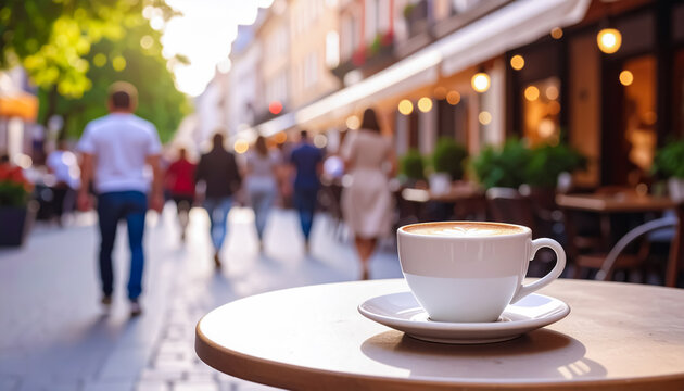 A Cup of Freshly Brewed Coffee on a Round Table in a Sunny Outdoor Café with a Busy Street Background