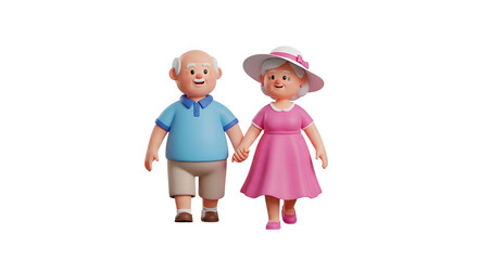 Happy elderly couple walking hand in hand, enjoying retirement together, animated characters celebrating love and companionship in their golden years