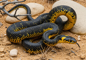 The image is a close-up shot of a vividly colored snake, likely a Grass Snake