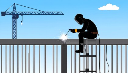 Industrial craftsman silhouette welding framework with crane construction backdrop under blue skies